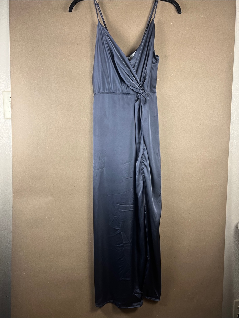 ASTR The Label Satin Wrap Maxi Dress XS Charcoal Gray NWOT Date Night Elegant